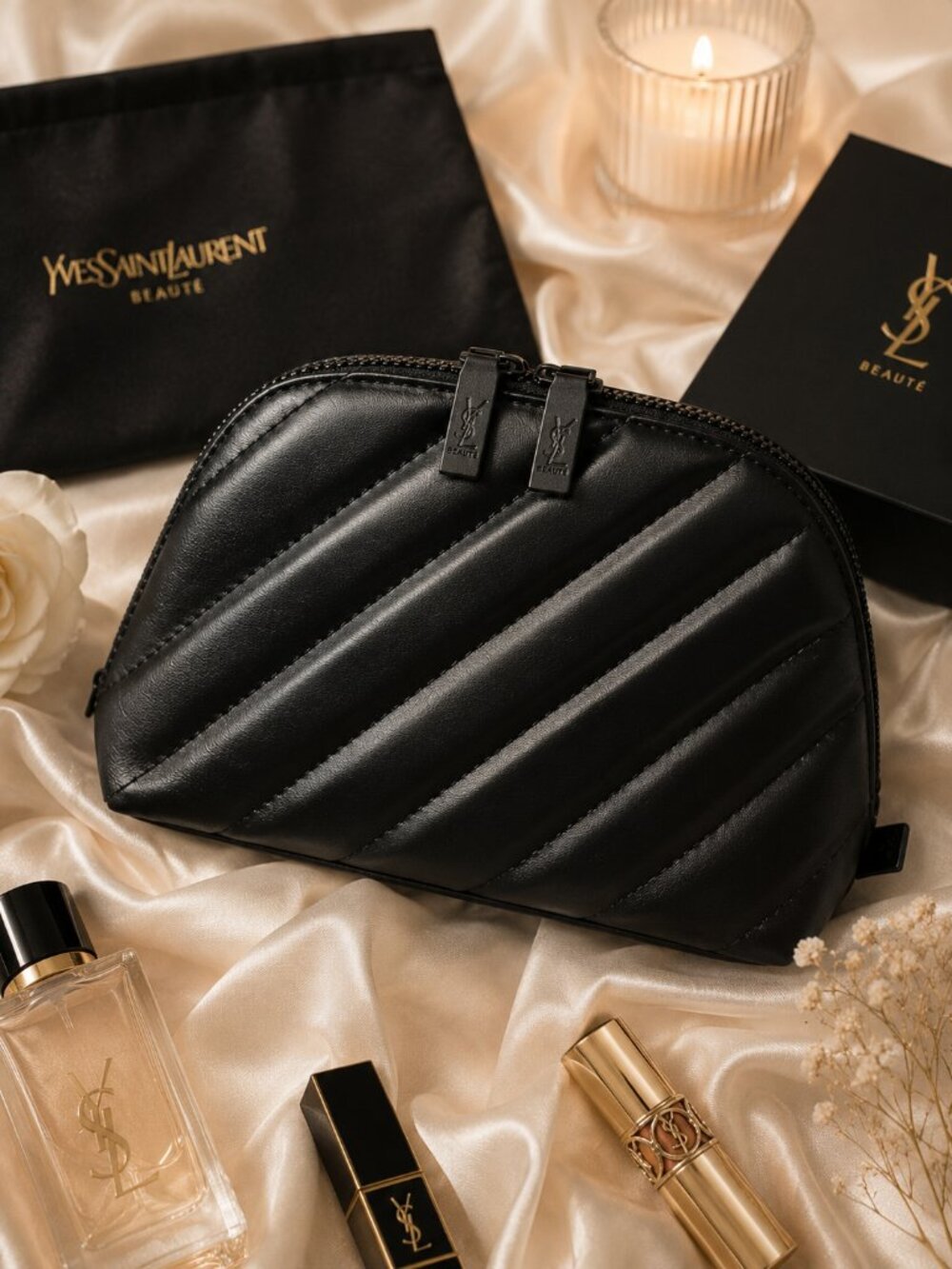 YSL Beauté Black Quilted Cosmetic Pouch – Luxe Makeup Bag & Travel Organizer